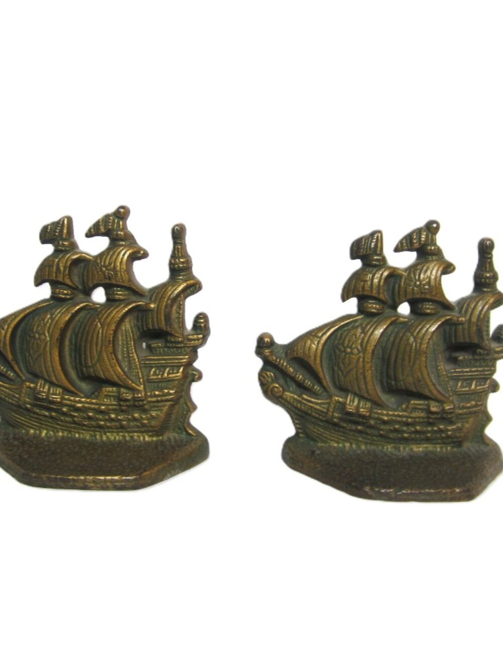 Pair of Antique Vintage Cast Iron 4" Bookends Pirate Ship Patina Nautical